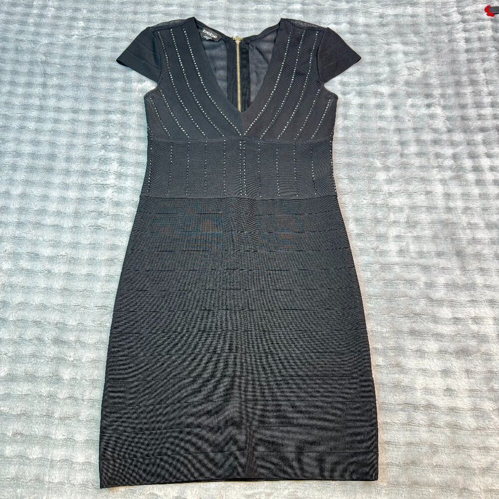 Bebe Black Studded Bandage Dress M Bodycon V Neck Y2K Glam